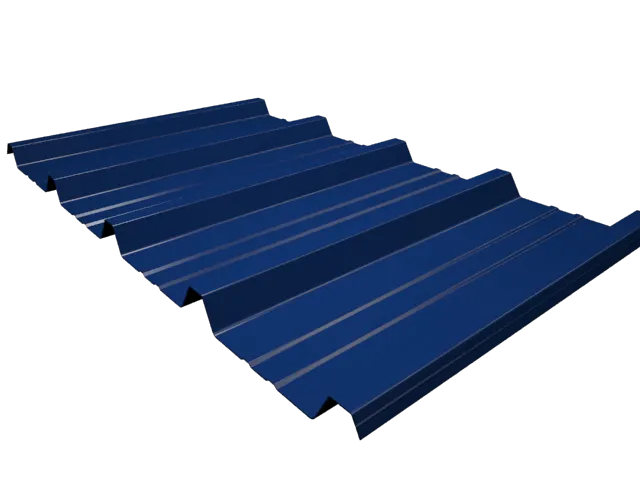 Chapa trapezoidal azul fabricada en acero galvanizado, ideal para cubiertas, fachadas y cerramientos metálicos con alto rendimiento estético y estructural.

