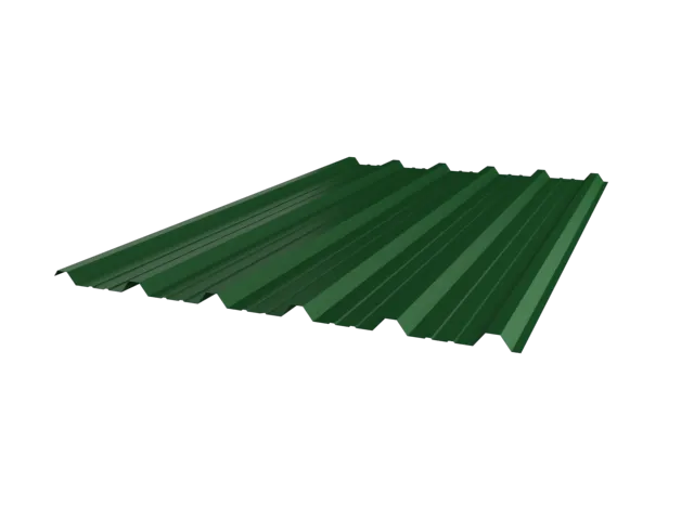 Chapa trapezoidal color verde Navarra utilizada en cubiertas rurales y agrícolas